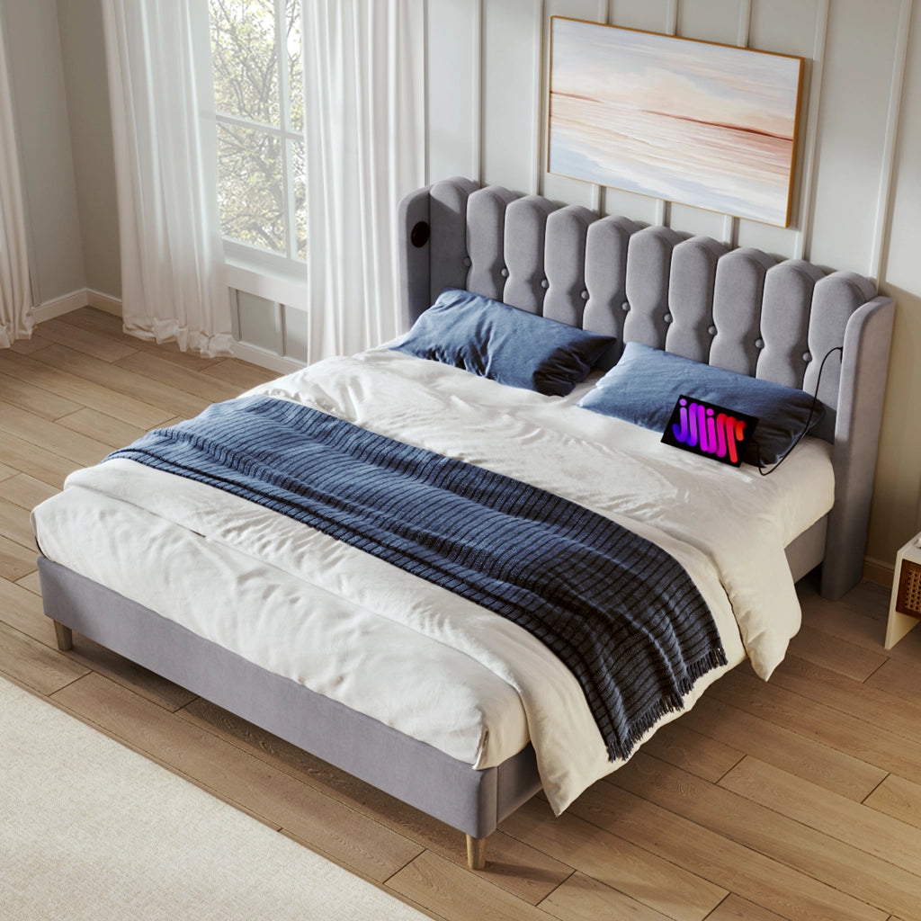 DESMIU Letto Matrimoniale 140 × 200 cm 2 posti con USB e Type-C, con materasso, in lino, grigio