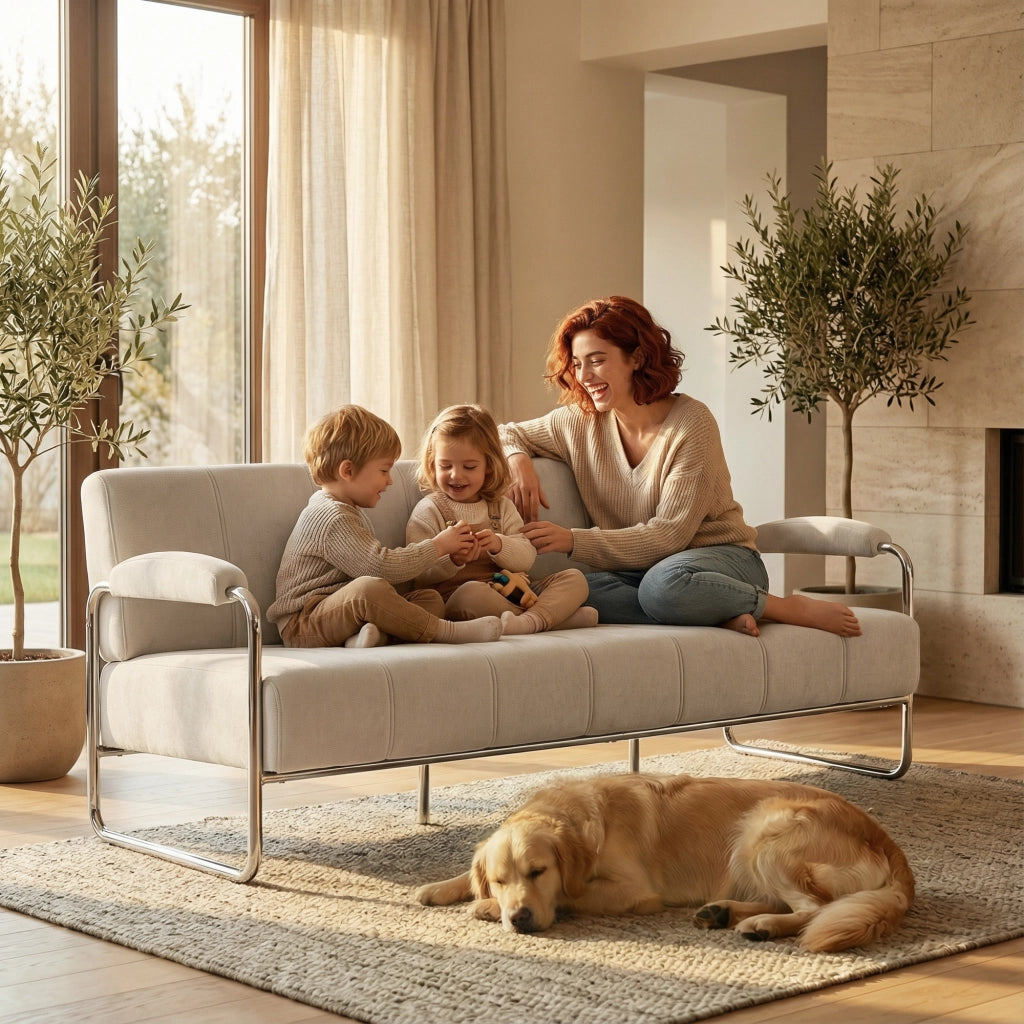 Divano 3 Posti Tessuto Beige ¨C Minimal ¨C 174x75x76 cm