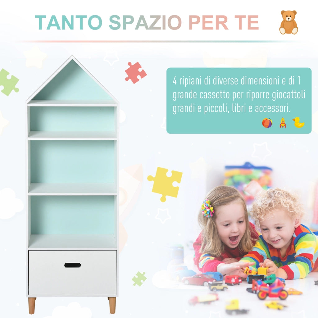 Libreria per Bambini con Cassetto e Ripiani ¨C Minimal ¨C Bianca e Azzurra 50x30x142cm