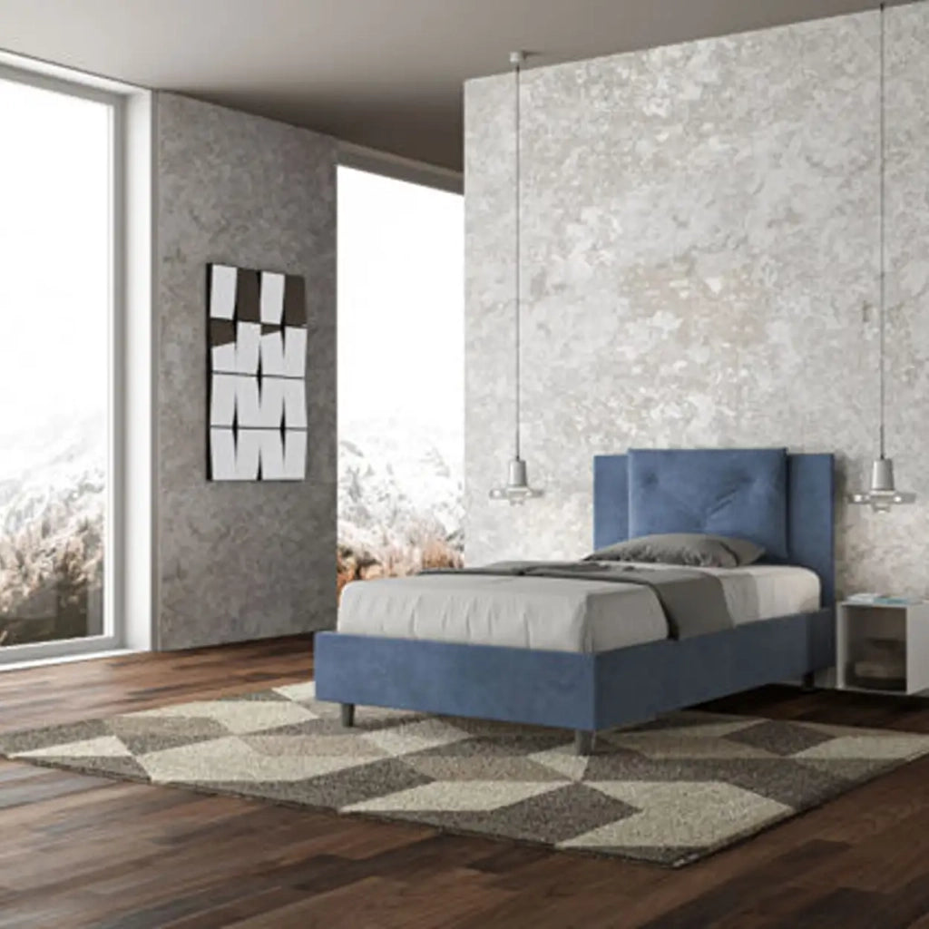 Letto una piazza e mezza contenitore imbottito 120x200 microfibra blu Appia
