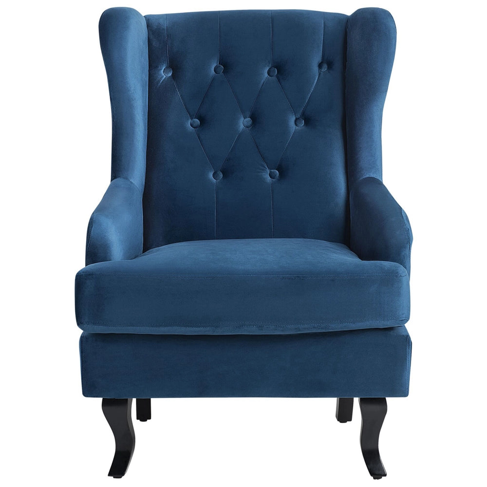 Sedia Wingback con rivestimento in velluto blu e gambe nere in stile scandinavo