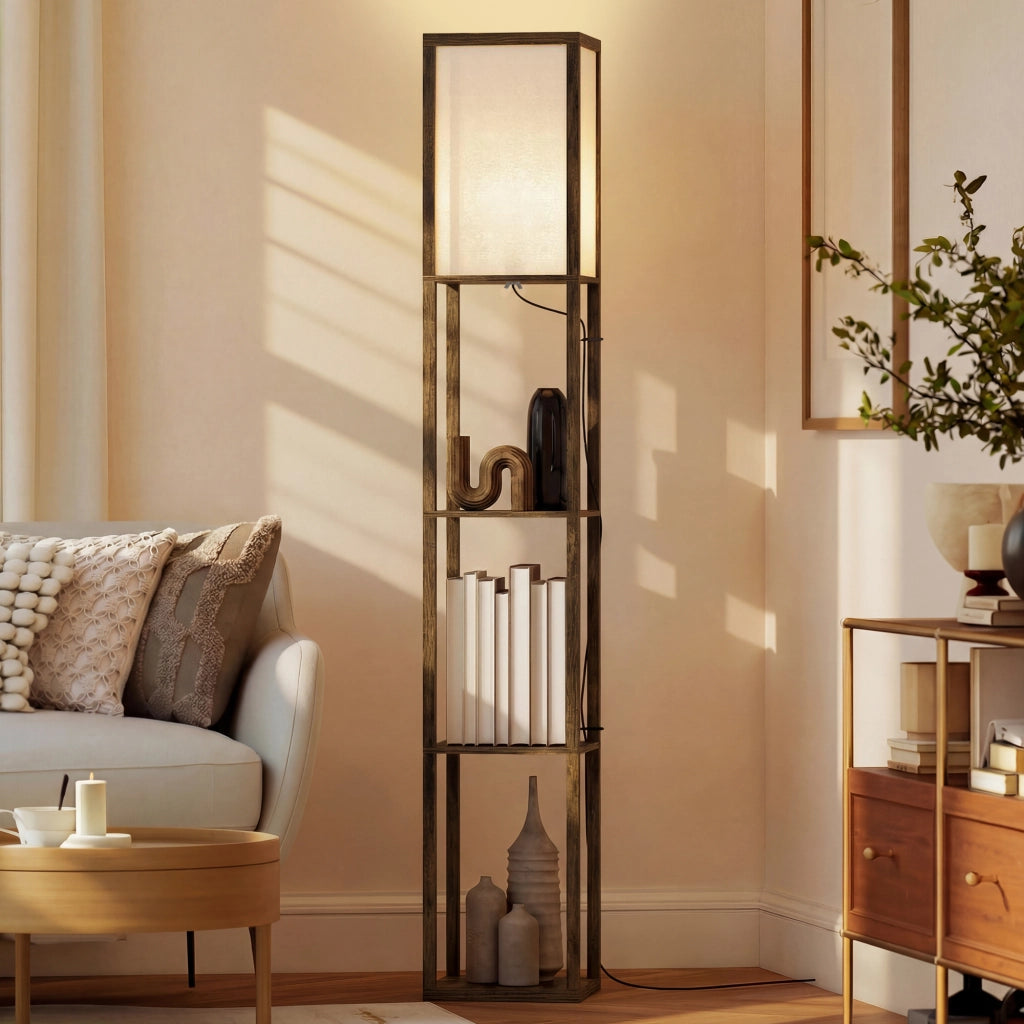 Lampada da Terra con Scaffale ¨C Minimal ¨C Marrone 26x26x160 cm
