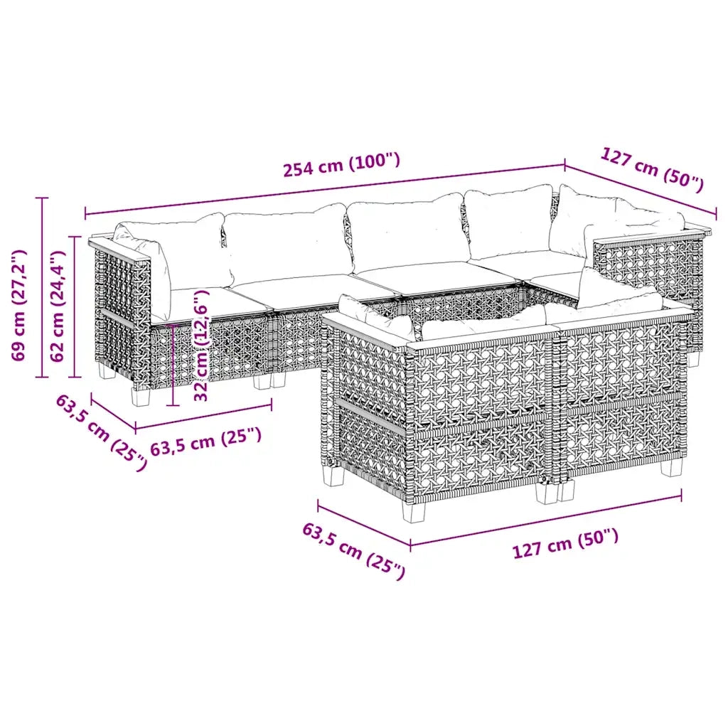 Set Divani da Giardino 7 pz con Cuscini Grigio in Polyrattan