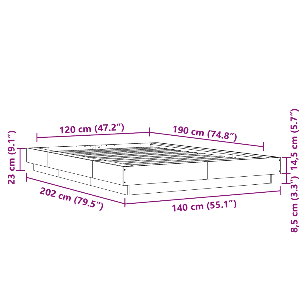 Letto matrimoniale | Letto per adulti | Giroletto Grigio Sonoma 120x190 cm in Legno Multistrato