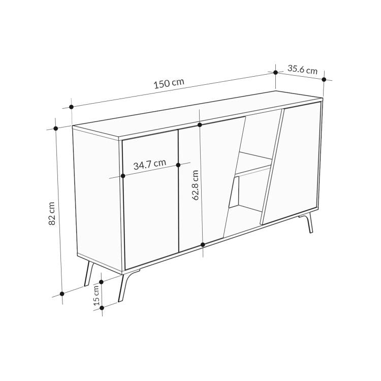 Madia Credenza Moderna 150 cm con 2 Ante 8 Vani e Ripiani Bianco e Quercia