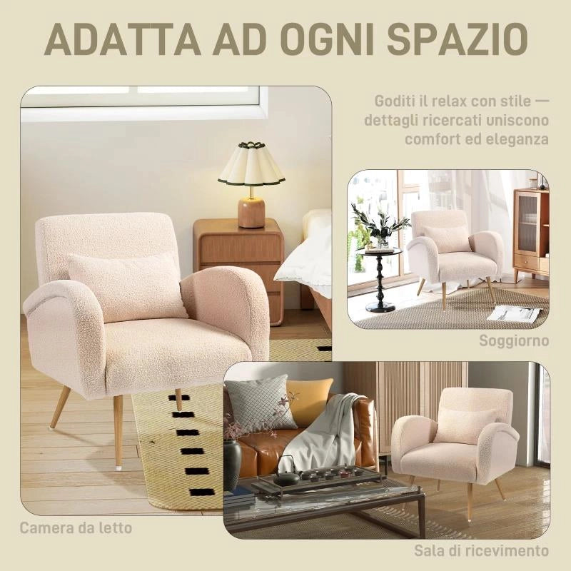POLTRONA PER SALOTTO MODERNA IN TESSUTO TEDDY CON CUSCINO LOMBARE SFODERABILE, 77X77X83 CM, BEIGE