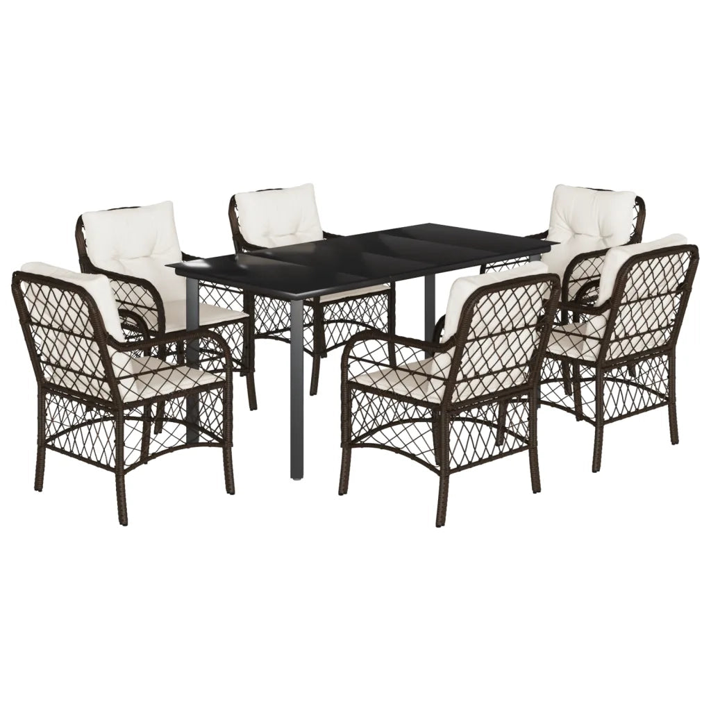 Set da Pranzo da Giardino 7pz con Cuscini in Polyrattan Marrone