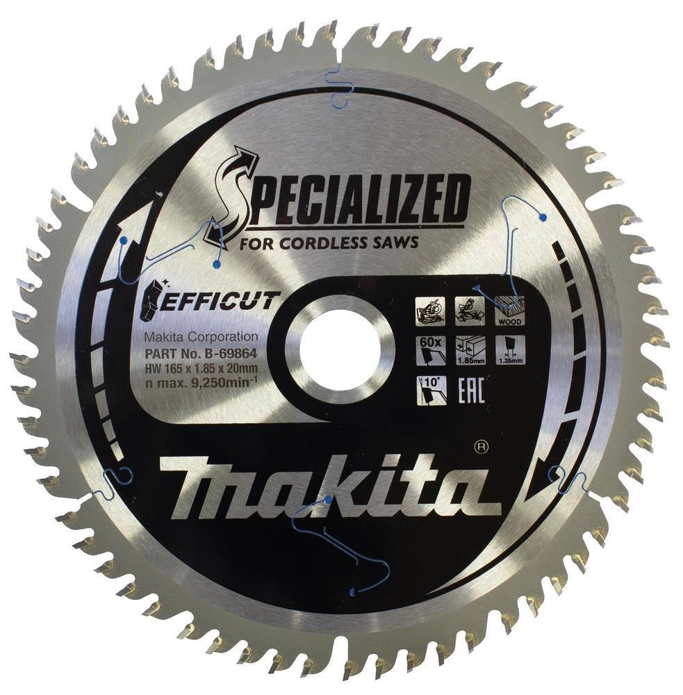 Makita B-69842 Efficut Lama per Sega Circolare 165 mm 20 mm 60 denti spessore corpo 1,35 mm colore Nero