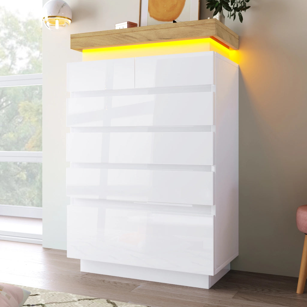 CREDENZA Lucida 6 Cassetti 115x73x39 cm Bianca con LED