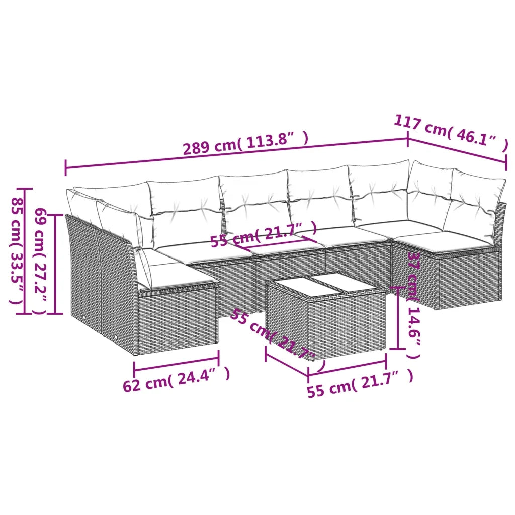 Set Divano da Giardino 8pz con Cuscini Grigio Chiaro Polyrattan
