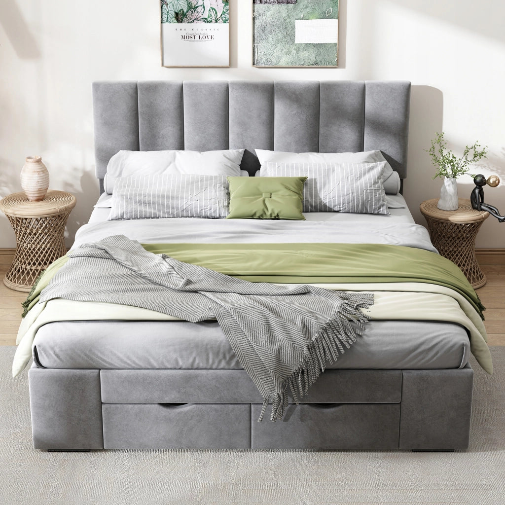 Letto 140x200cm - Xylo - Velluto, 4 cassetti, struttura, grigio