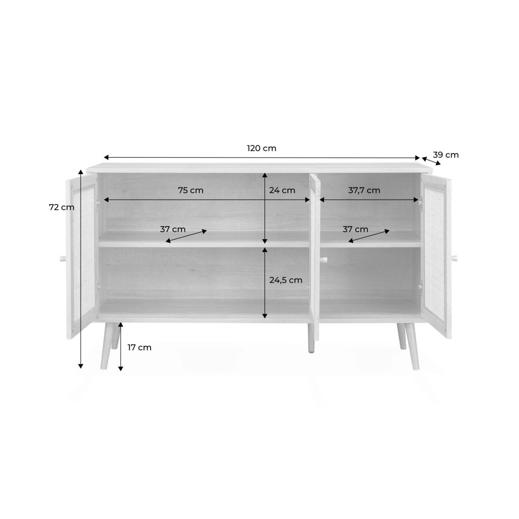 Credenza 3 ante in cannage, 120 cm, marrone naturale