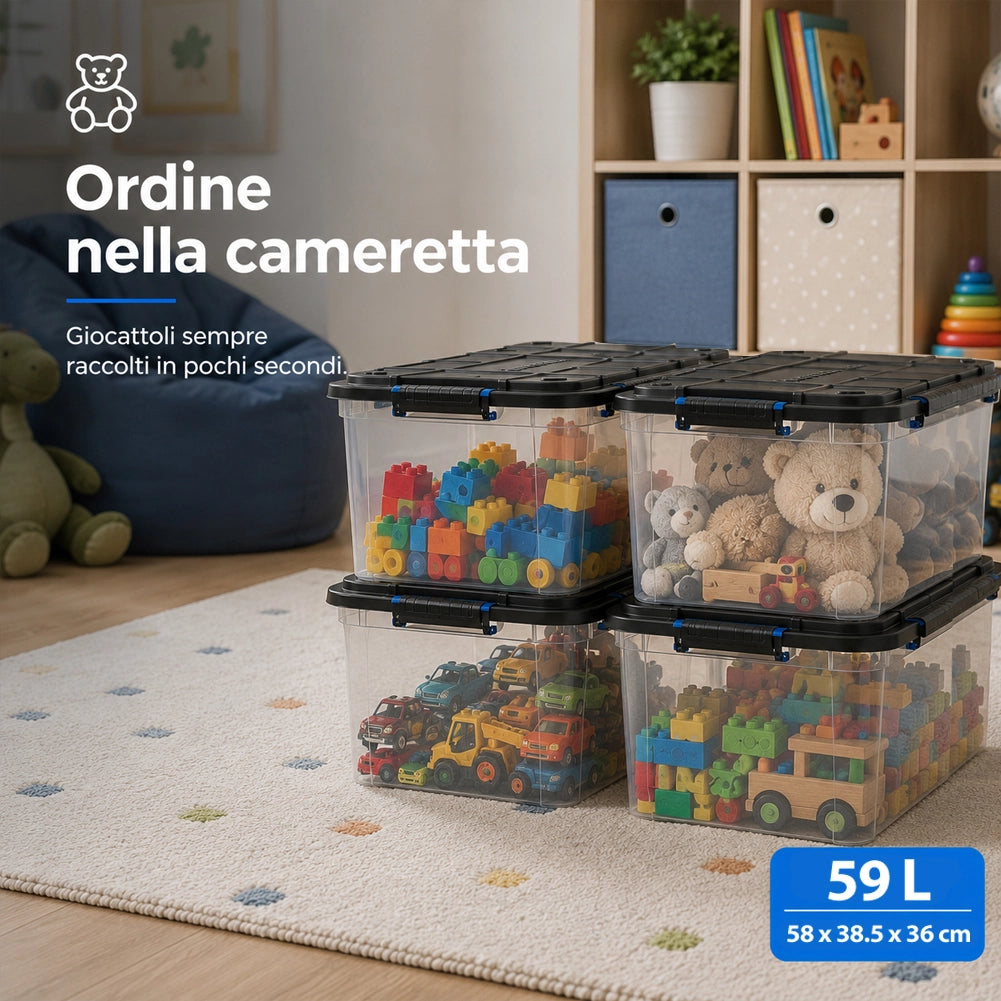Set 4 Pezzi Contenitori con Coperchio Storage Box Solid Cargo 59L 58x38.5x36 cm