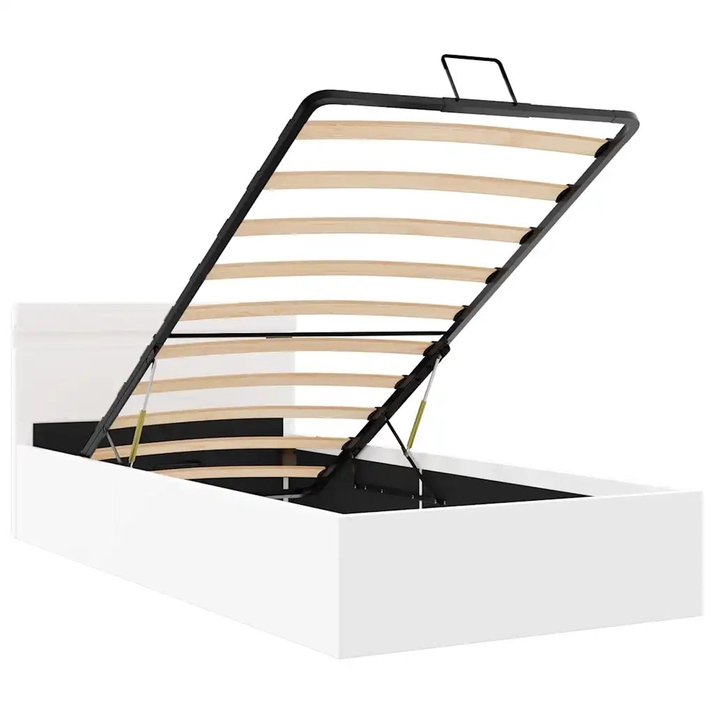 Letto singolo | Letto per adulti | Giroletto Contenitore Idraulico LED Bianco Similpelle 90x200 cm