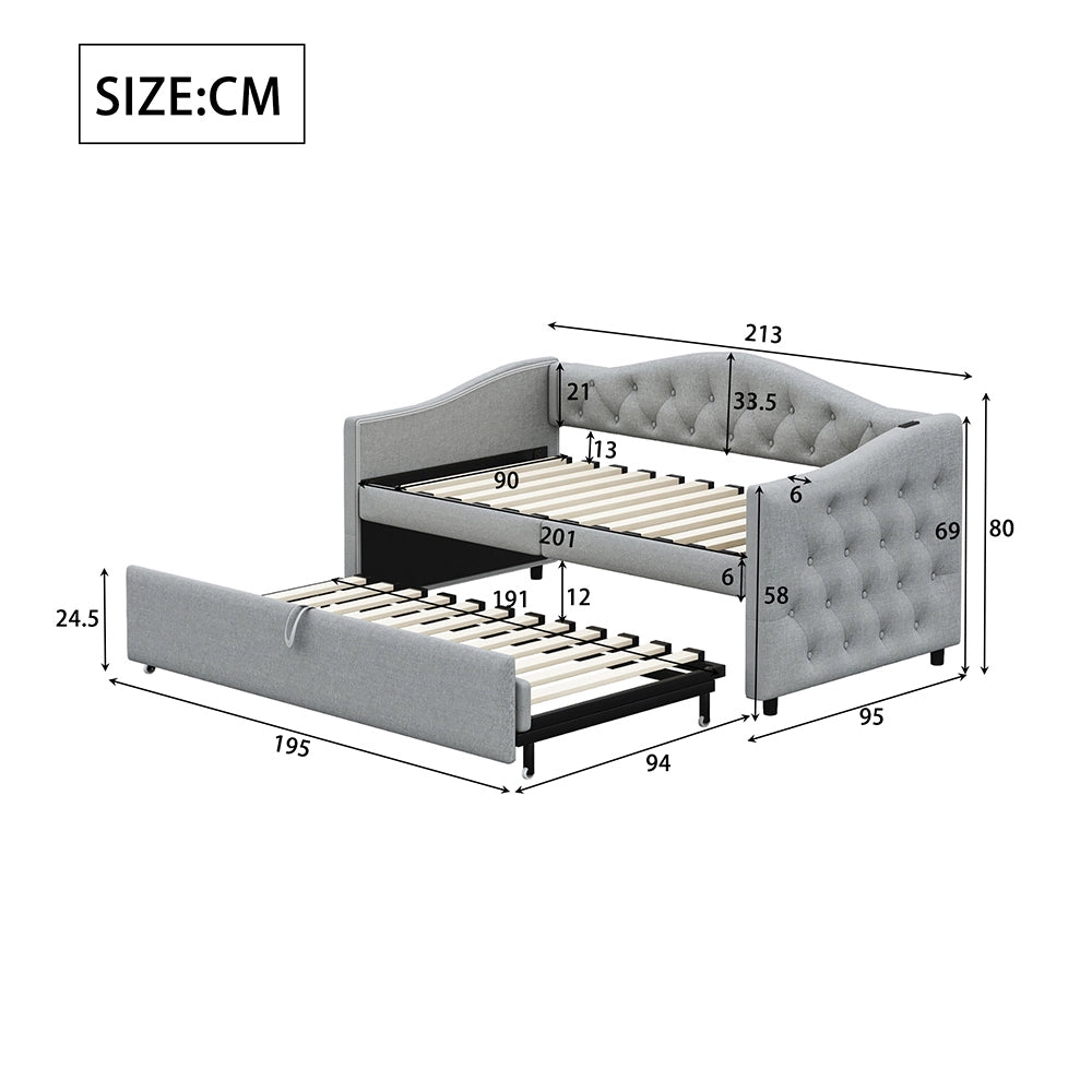 Letto estensibile 90x200 cm - Xylo - Grigio lino, USB, classico, con rete