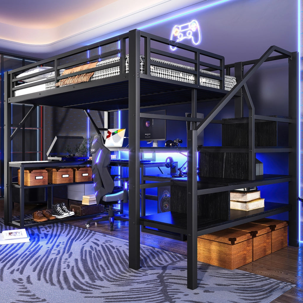 Letto a soppalco 140x200 cm in metallo e MDF; con scrivania; LED e USB; nero