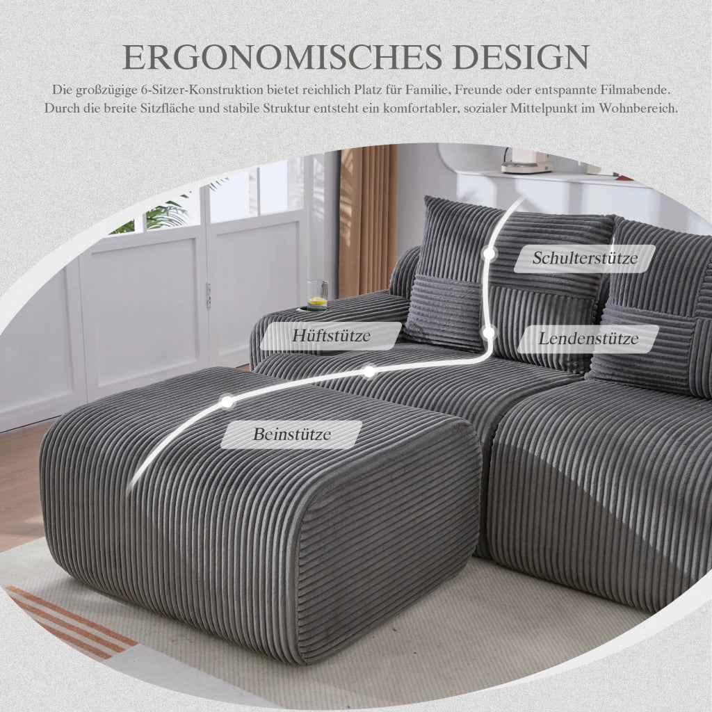 Divano modulare 4 posti con portabicchiere e tasca laterale; in corduroy grigio scuro