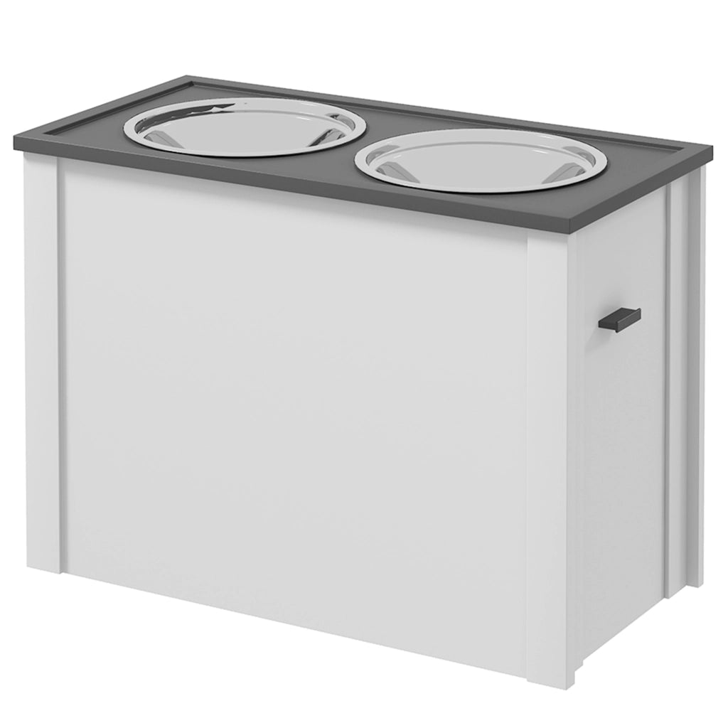 Ciotole Rialzate per Cani ¨C Xylo ¨C 2 Ciotole Acciaio Inox con Vano Portaoggetti, 60x30x42cm, Bianco Grigio