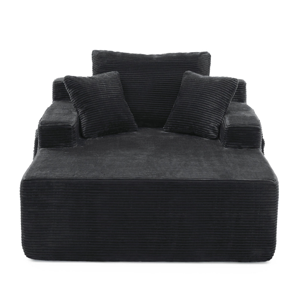 Divano compatto in corduroy nero con tasche laterali e cuscini; stile retr貌