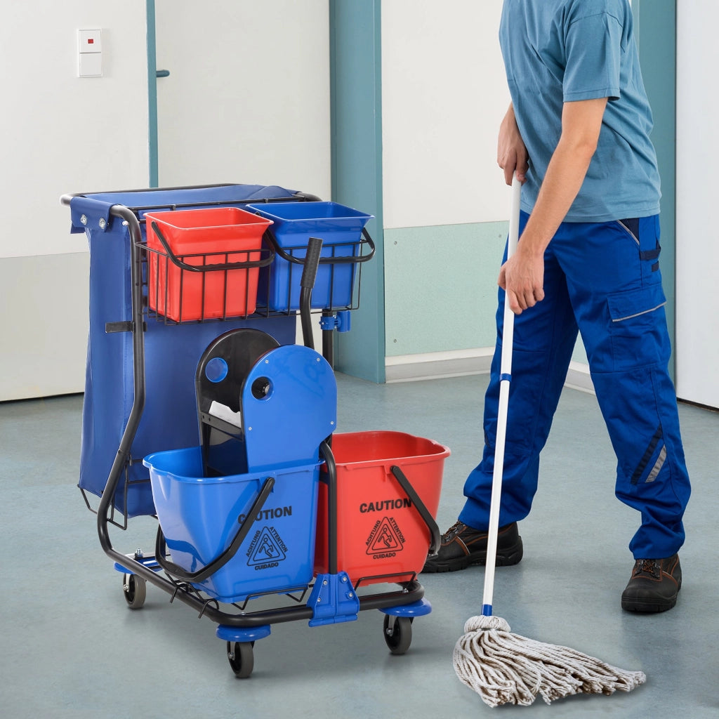 Carrello Pulizie Professionale 4 Secchi Strizzatore e Sacco Rosso Blu e Nero