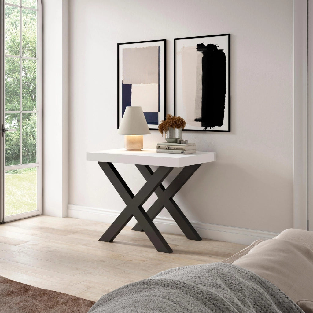 Consolle allungabile, 58 fino 302x90x73cm, Per 14 persone, Gambe in legno, Bianco RF2821
