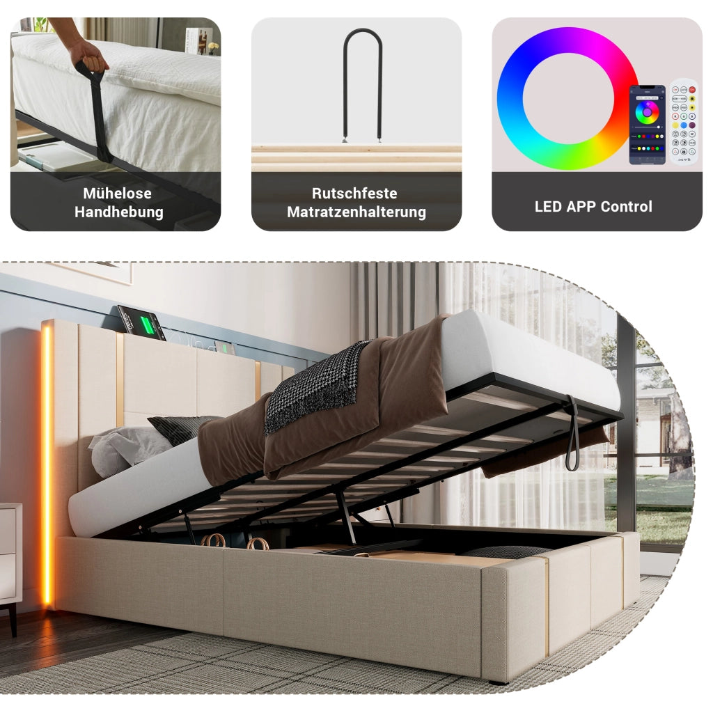 LETTO Matrimoniale 160x200 cm in lino beige con LED, USB e porta Type-C