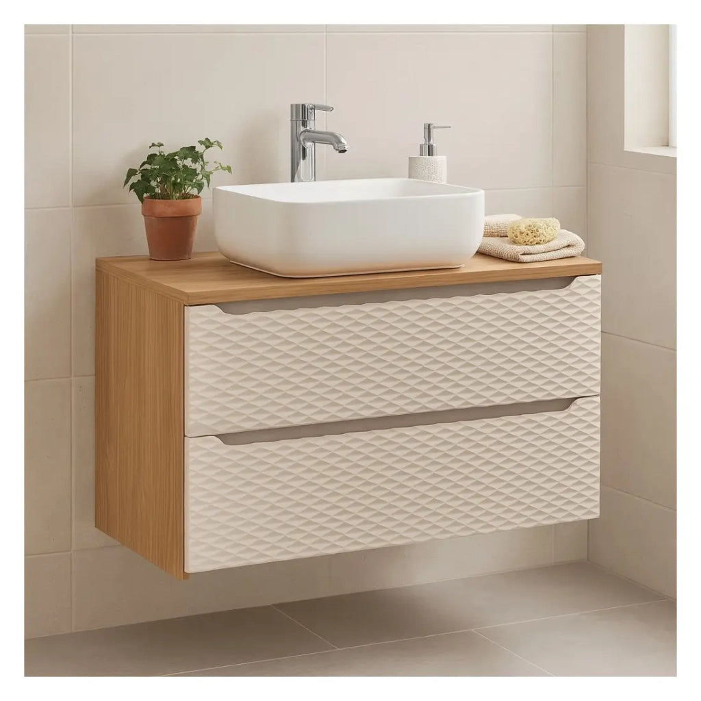 Set da bagno YOKA beige: mobile sottolavabo 120 cm + piano lavabo