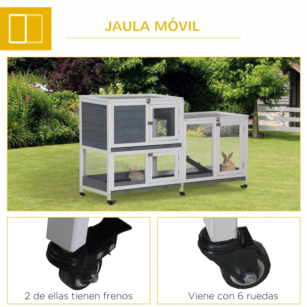 Gabbia per Conigli a 2 Livelli in Legno con Ruote ¨C Minimal ¨C 147x45,5x88,5 cm Grigio