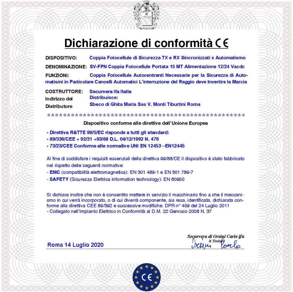 Fotocellula Pupilla Una Coppia Sicurezza Cancello Elettrico Benincà Controllo Passaggio Portata 25 Metri Montaggio a Parete o Palina Alimentazione 24/30 Vac