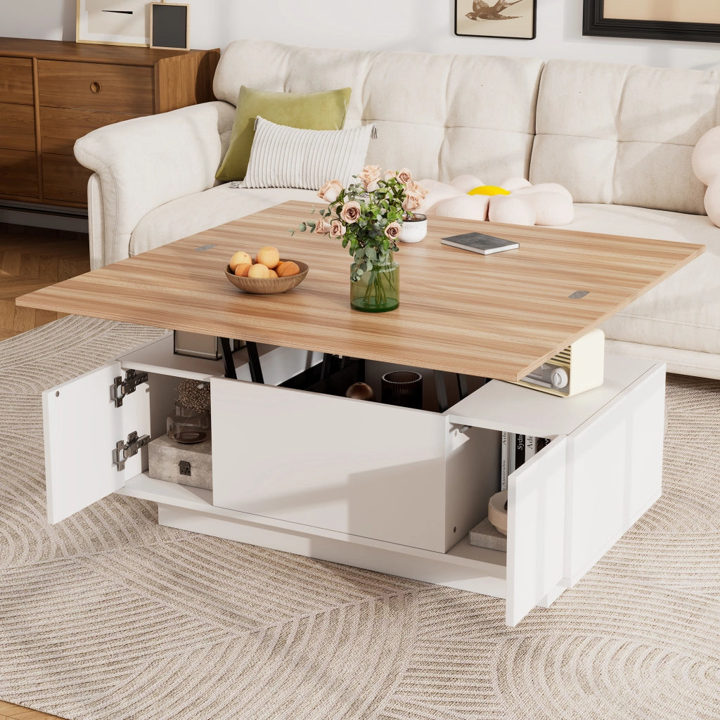 TAVOLO DA CAFFÈ Sollevabile 100x50x55,5 cm Bianco e Legno con 2 ante