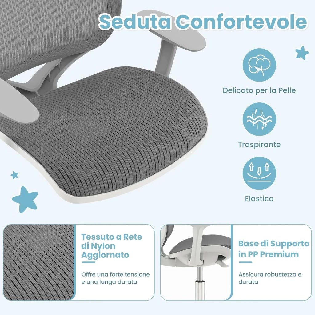Sedia Scrivania per Bambini con Altezza Regolabile 80-92 cm, Sedia da Uffcio Piccola con Ruote con Freno e Braccioli Morbidi, Mobile Ergonomica per Bambini 6-15 Anni (Grigio)
