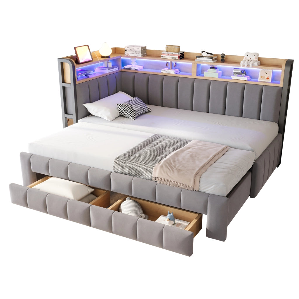 Letto Divano singolo con 2 cassetti; ripiani; LED regolabile; USB e Type-C; 90 × 200 cm; senza materasso