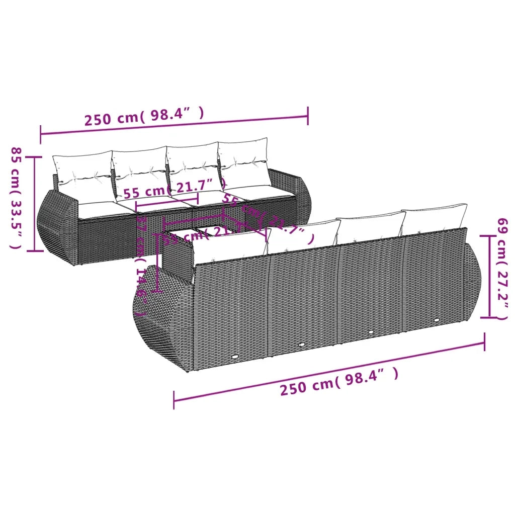 Set Divani da Giardino 9 pz con Cuscini Nero in Polyrattan 3253482
