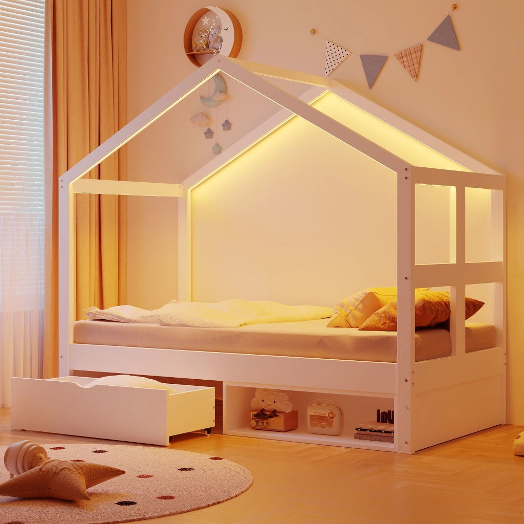 Letto Singolo con Cassetti e LED ¨C MINIMAL ¨C Bianco, Rete a Doghe, 90x190
