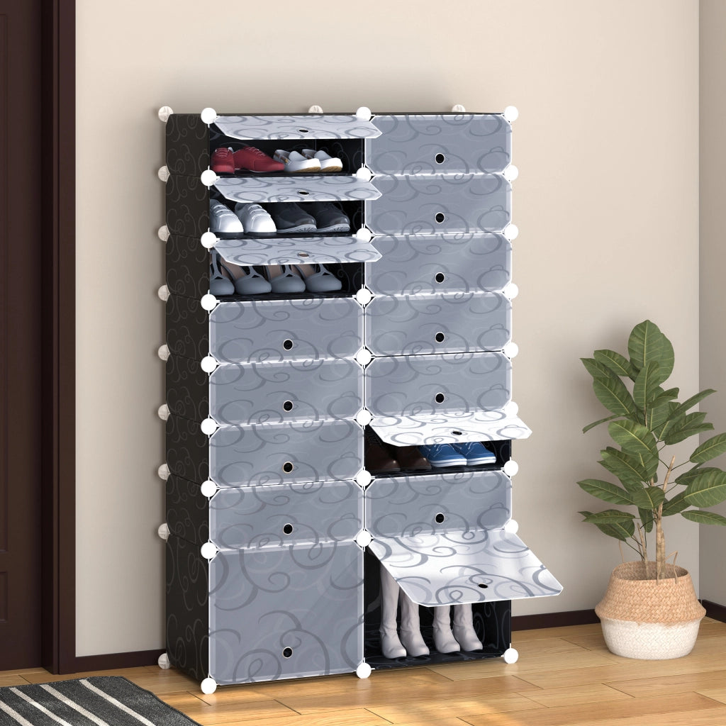 Armadio per Scarpe Modulare ¨C Minimal ¨C 14 Cubi Rettangolari e 2 Grandi Cubi Nero e Bianco Plastica 95x37x160 cm