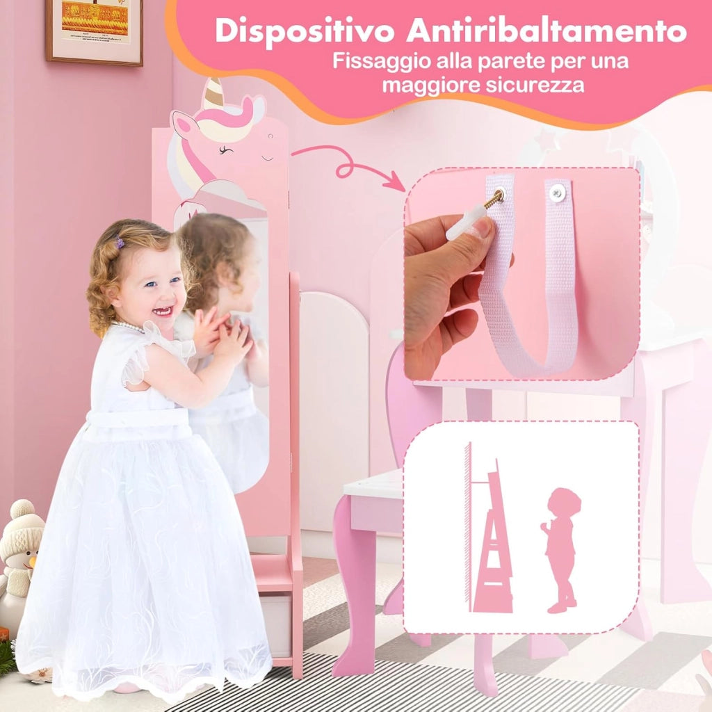 Armadietto Portagioie per Bambini 31,5 x 30 x 115cm, Specchio a Figura Intera a Forma di Unicorno con Ganci, Ripiani e Cassetti, Specchiera da Toeletta per Cameretta, Bianco (Rosa)
