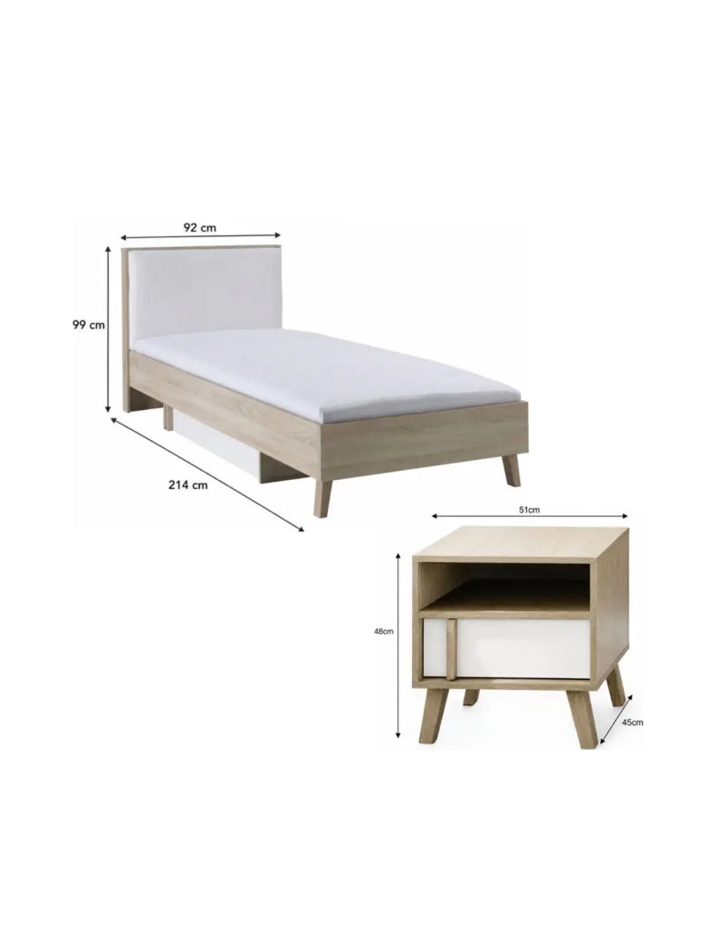 Set camera da letto bambino MALMO con letto 90x200 e comodino - Rovere chiaro e bianco