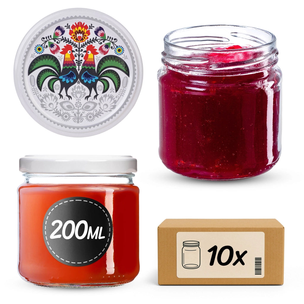 Barattoli per conserve KADAX Lerma 200ml 10 pezzi 66mm + coperchi "Folklore con un gallo"