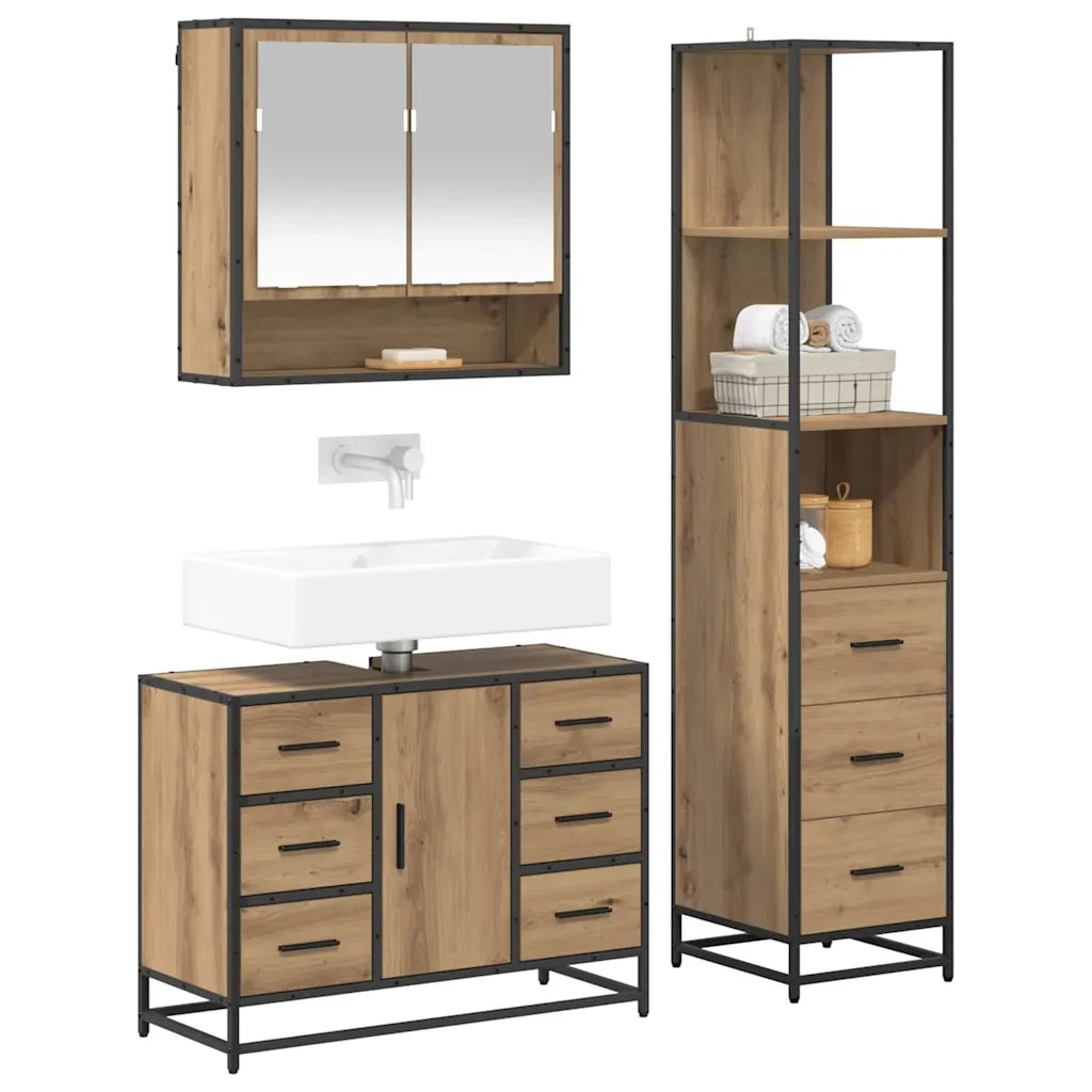 Set di mobili per il Bagno | Armadio da bagno con porta 3 pz Rovere artigianale