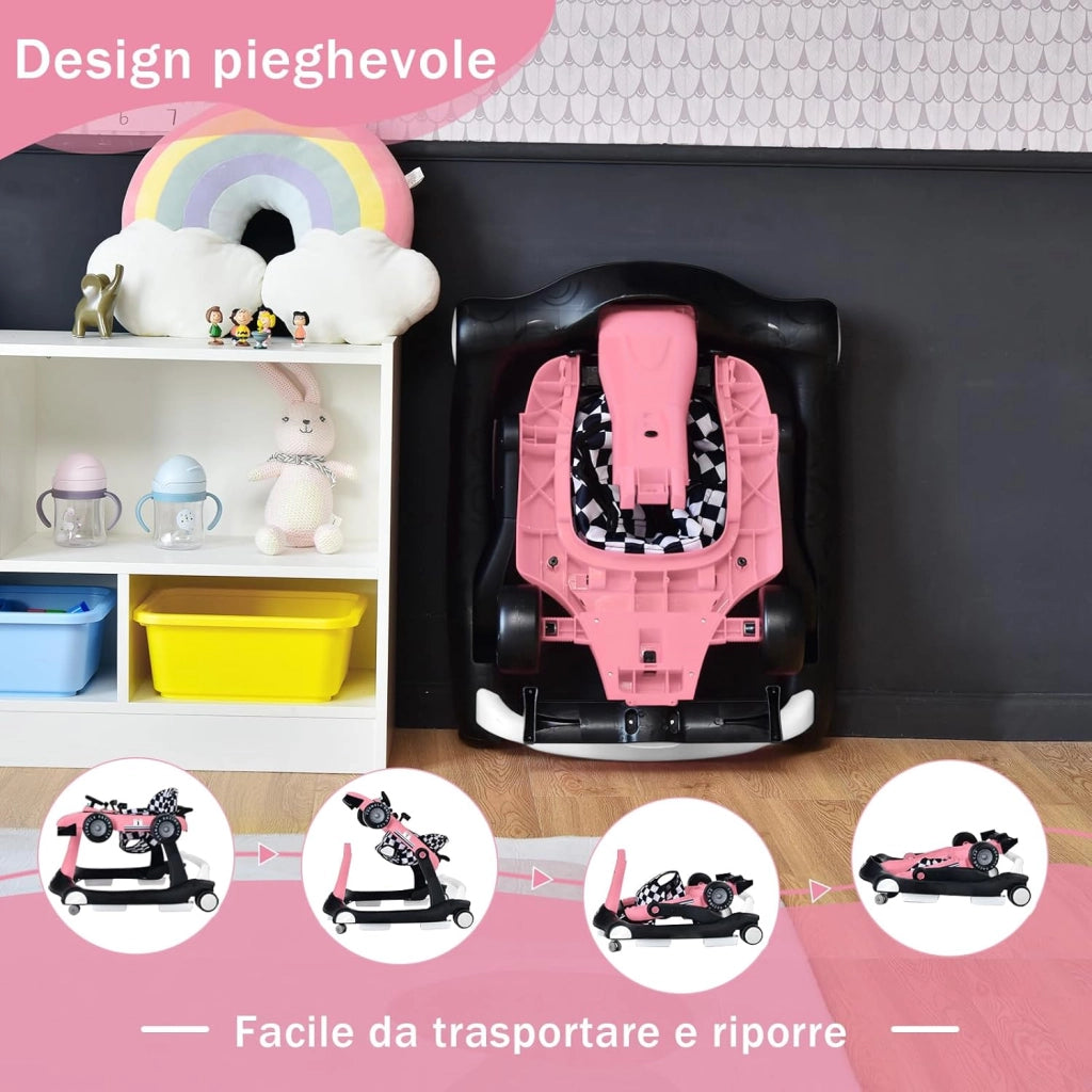 Girello per Bambini 4 in 1, Girello Pieghevole con Altezza e Velocità Regolabili, Carillon con Luci, Volante, Primi Passi per Bambini 6-18 Mesi, Portata 15 kg (Rosa)