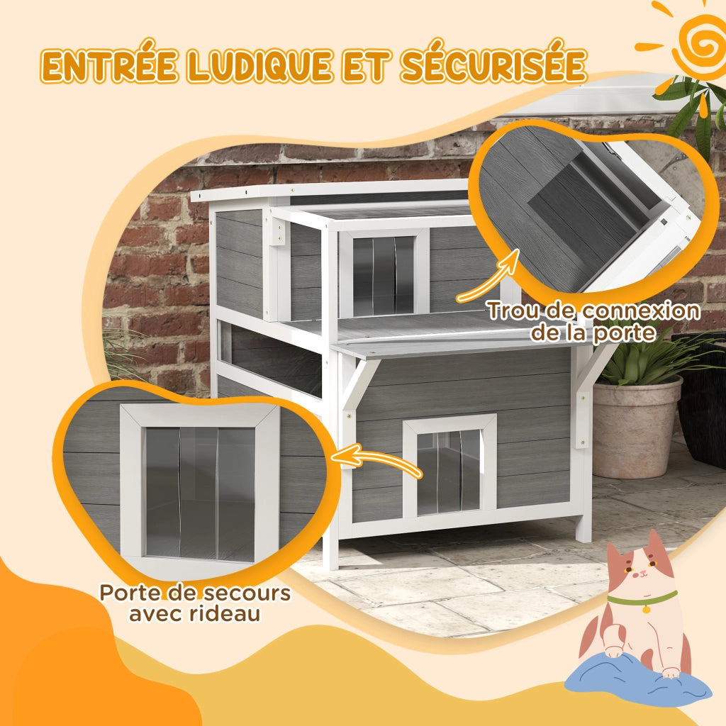 Casetta per gatti 2 livelli con balcone ¨C Xylo ¨C grigio chiaro