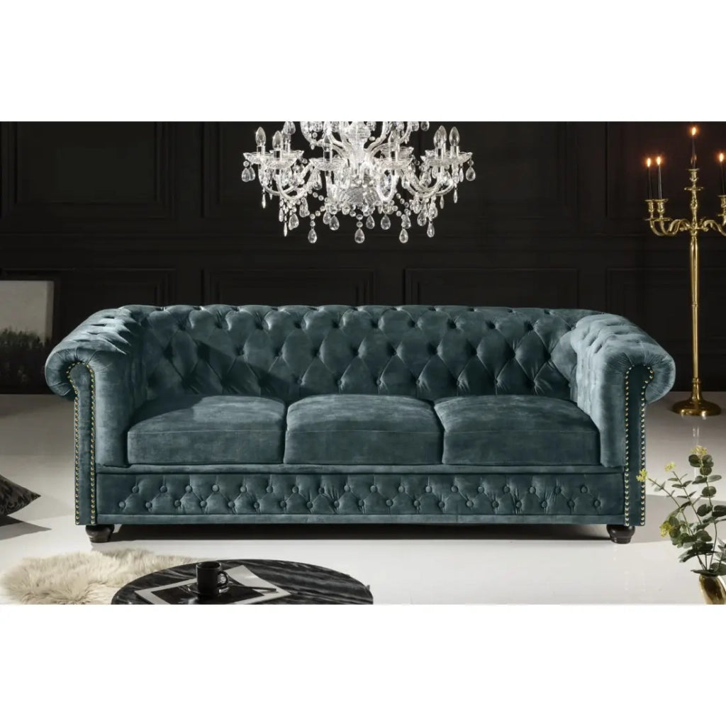Divano diritto EDGAR - Blu pavone - 3 posti - Velluto stile barocco