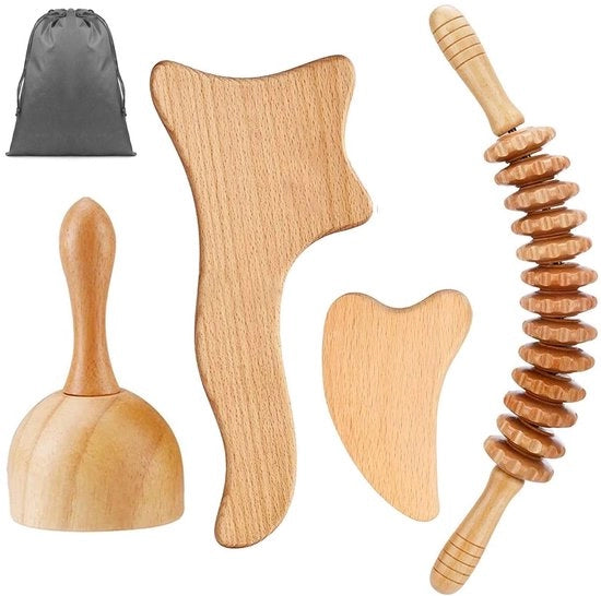 Set di Gua Sha 4 pezzi - Massaggio a rullino di legno/Raggruppamento di legno - Apparecchio di massaggio per collo/Arti/Occhi/Dorso - Riduzione del dolore/Rilassamento - Terapia con legno