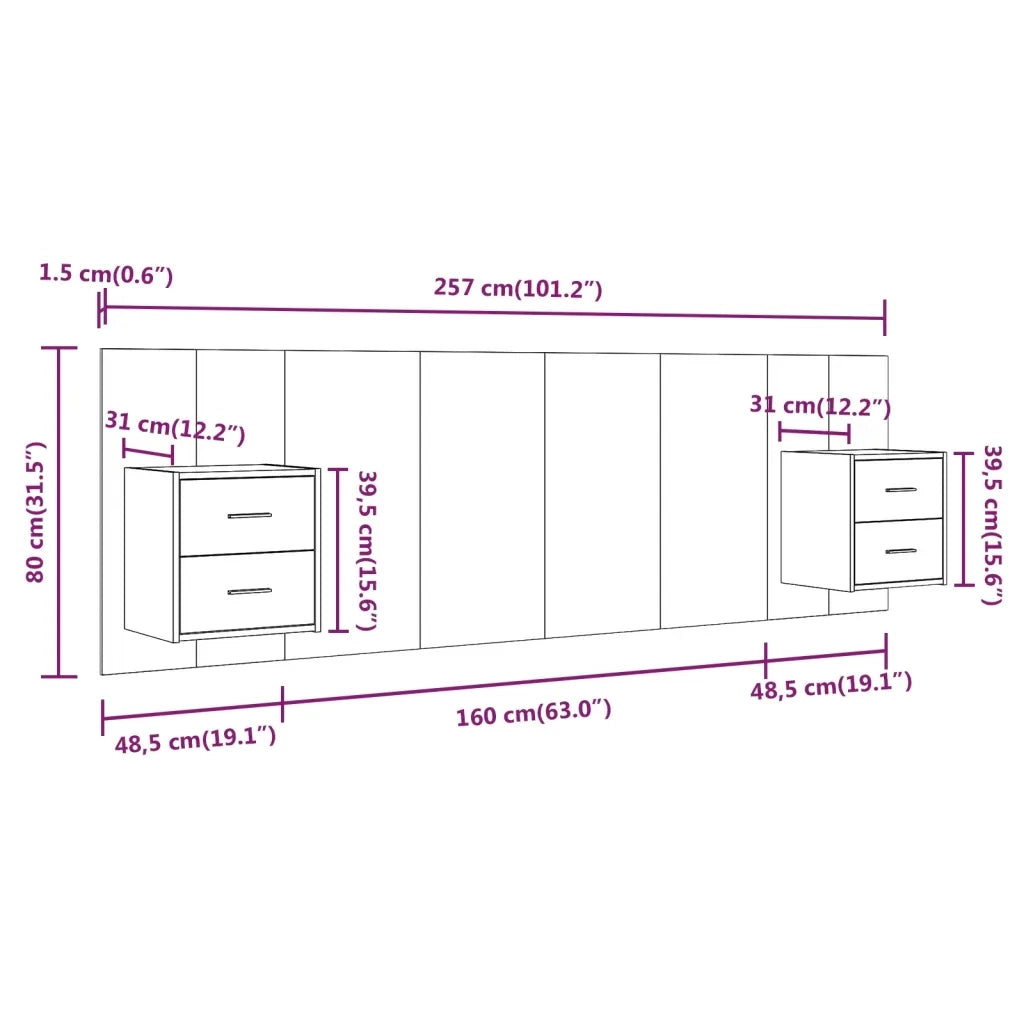 Testiera Letto con Comodini in Legno Multistrato Grigio Sonoma 3115714