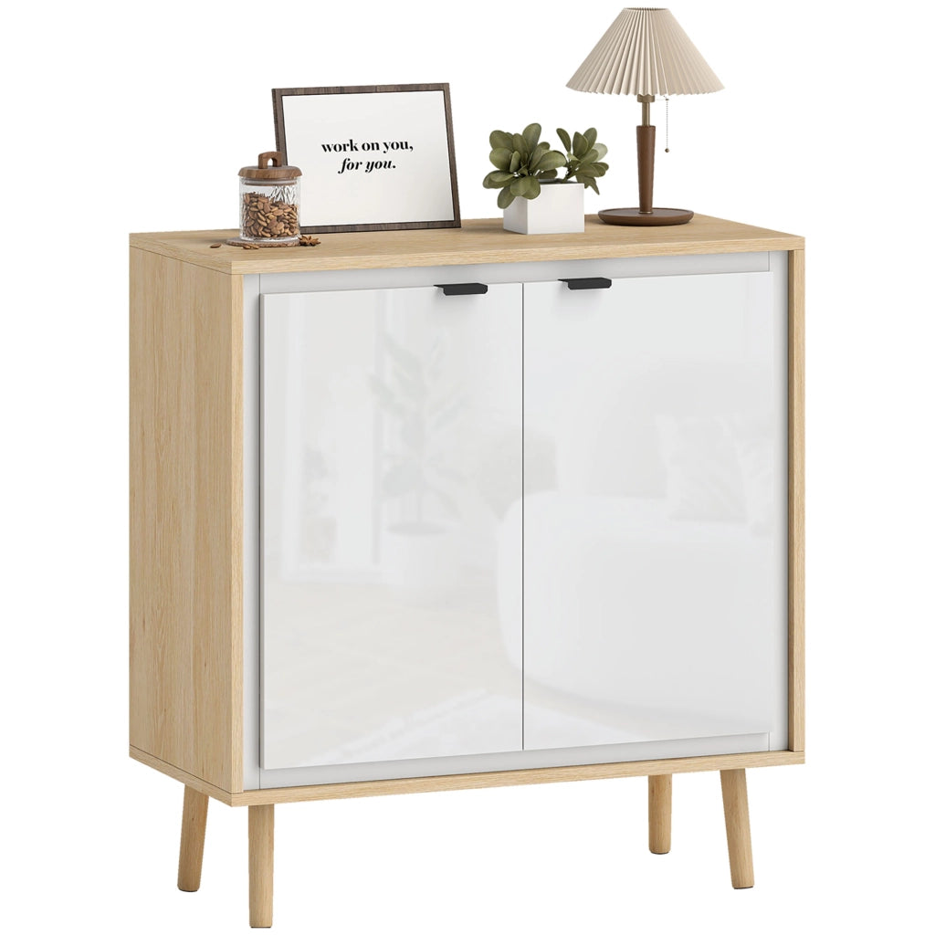Credenza Moderna a 2 Ante con Ripiano Regolabile. 72x35x77 cm. Bianco Lucido e Rovere