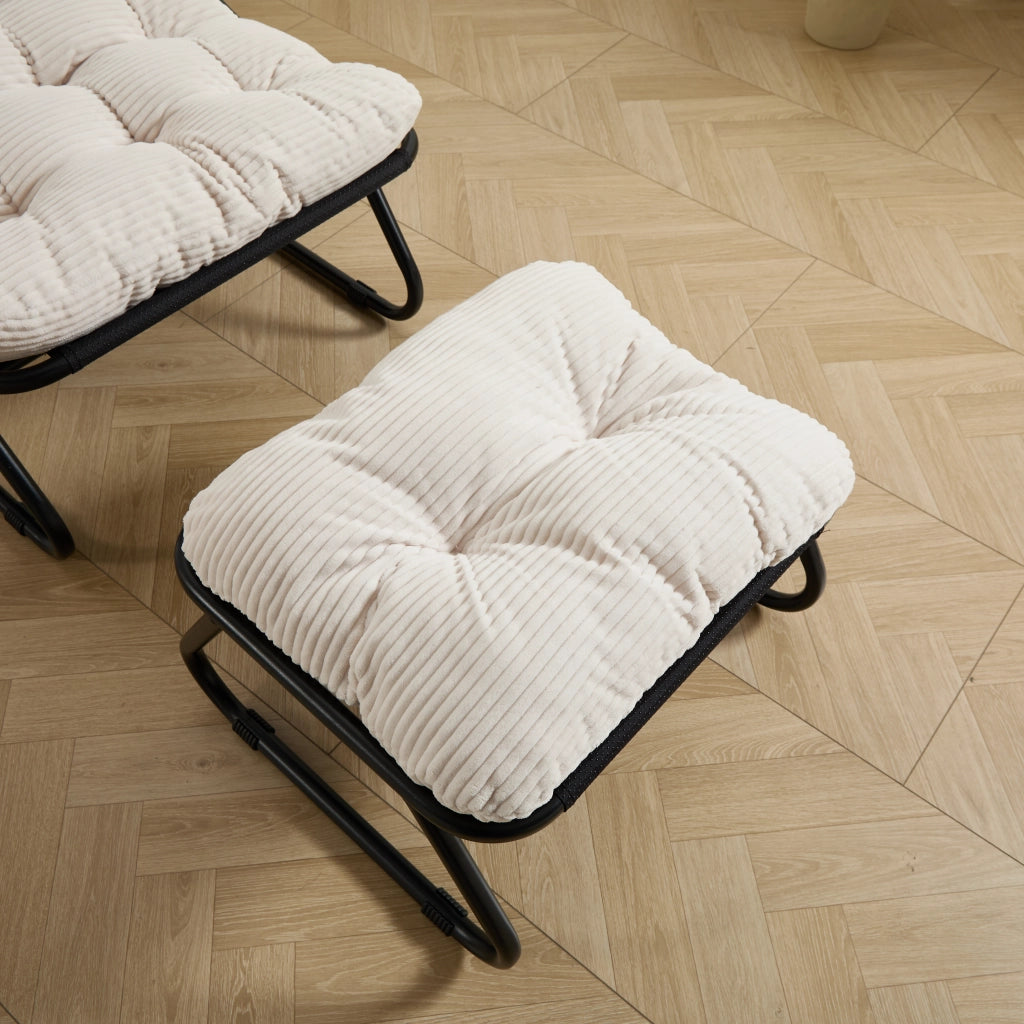 Poltrona da giardino reclinabile con pouf e cuscino imbottito in acciaio bianco per interno ed esterno