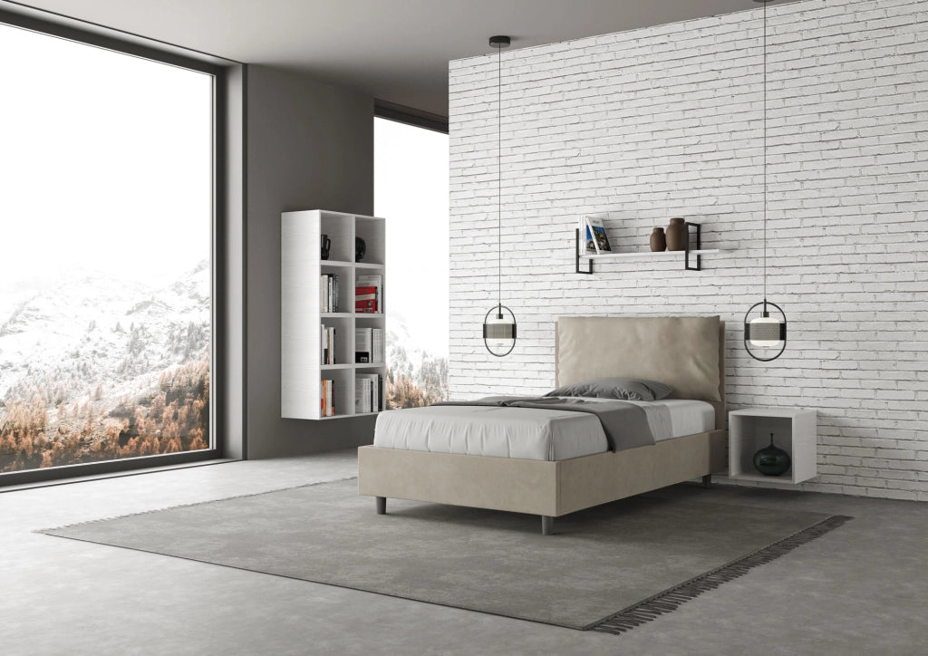 BS COM Letto una piazza e mezza con rete imbottito 120x210 microfibra sabbia