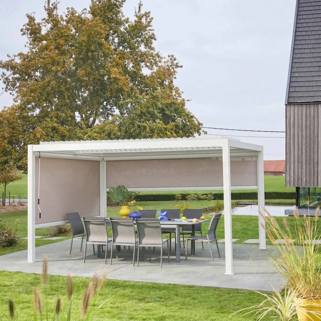 Pergola bioclimatica 3x4m in alluminio e acciaio + 1 tenda 3m + 1