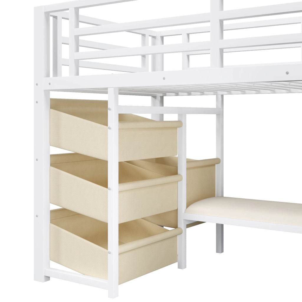Letto medio alto 90x200 cm in metallo bianco con cuscino; LED multicolore e contenitore