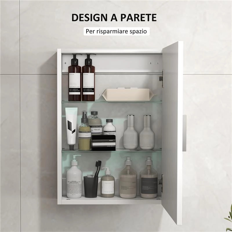 ARMADIETTO BAGNO DA PARETE IN LEGNO CON 3 RIPIANI REGOLABILI IN VETRO SU 3 LIVELLI 40X15X55 CM BIANCO